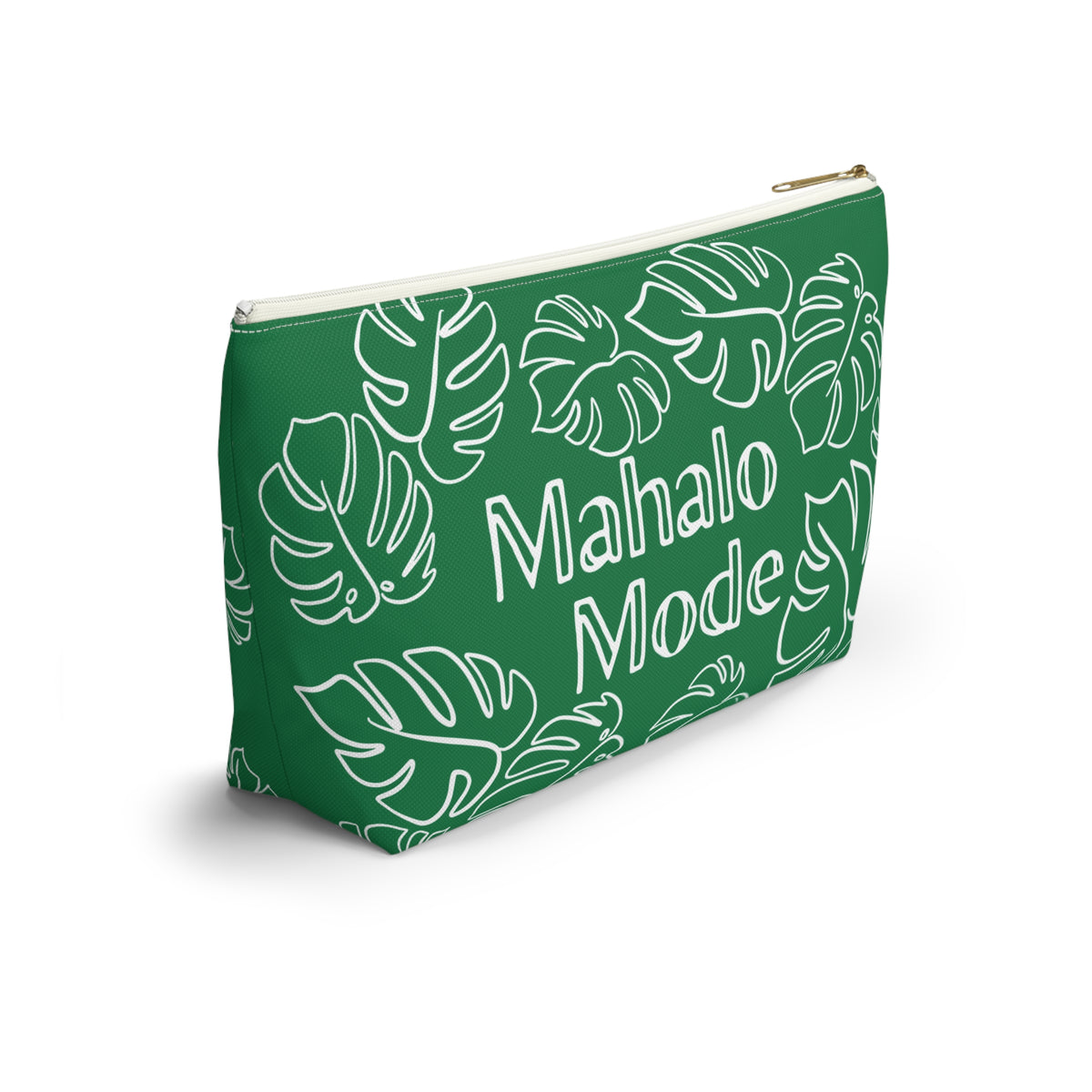 A green zippered pouch featuring a white monstera leaf pattern and the words 'Mahalo Mode' in white script, shown on a clean white background.