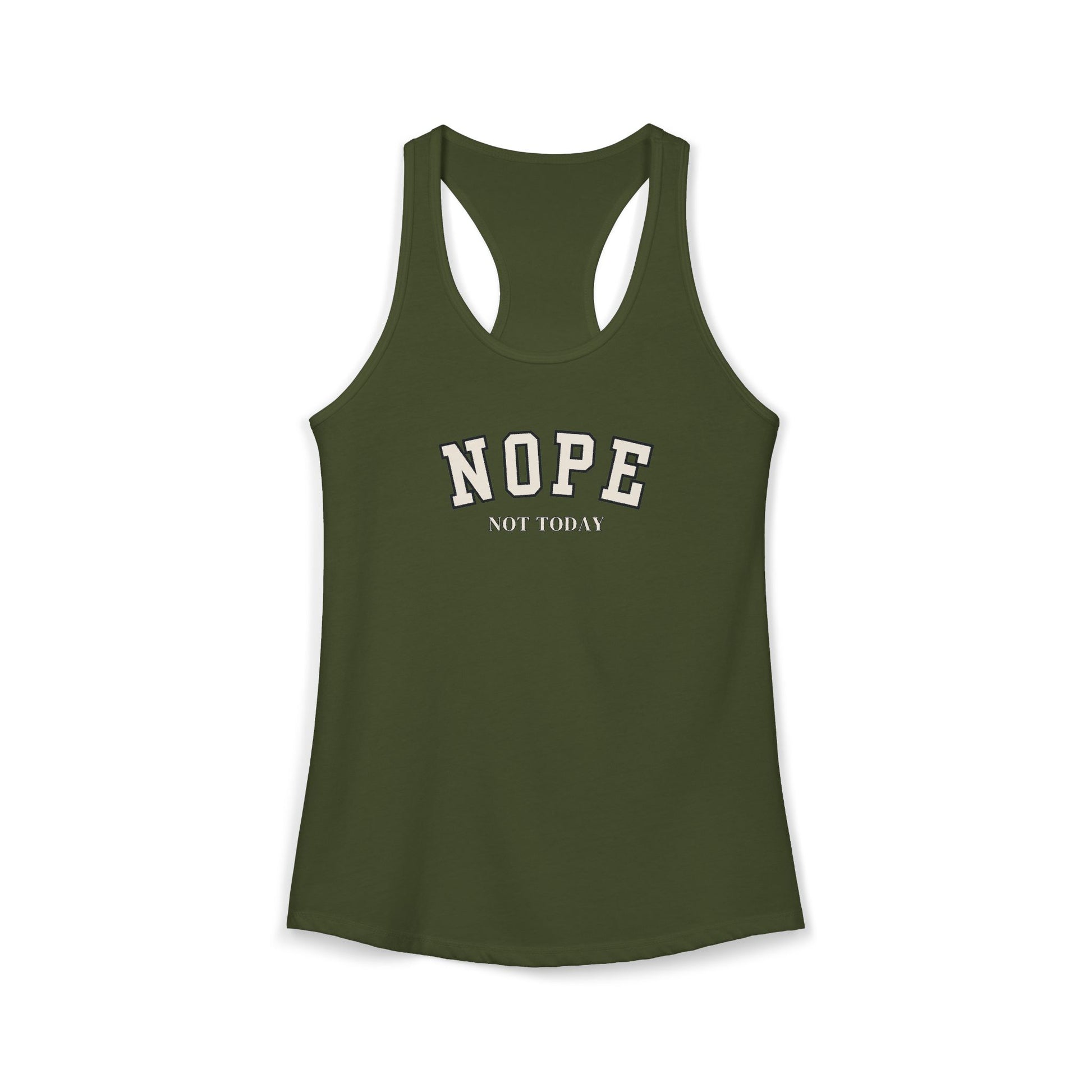 Green tank top with 'NOPE NOT TODAY' text on a white background