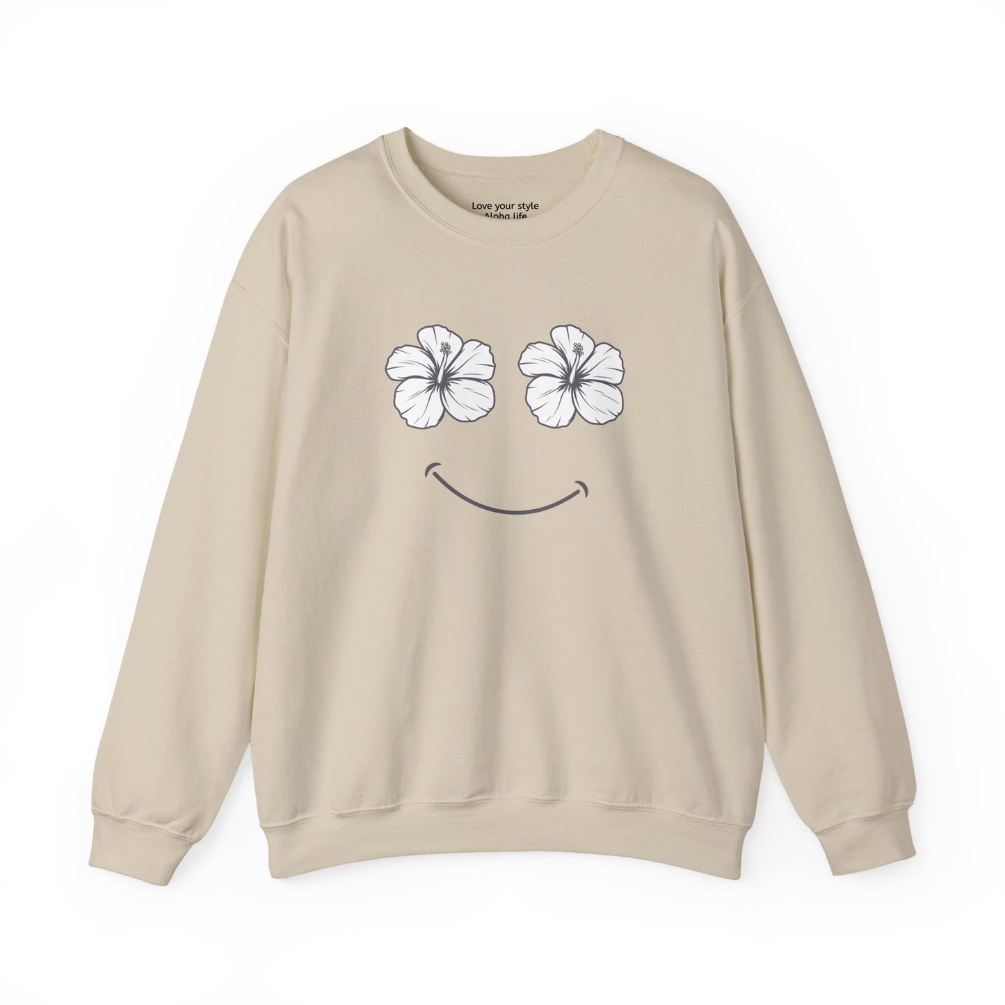 Tan Happy Hibiscus Sweatshirt featuring a cheerful hibiscus flower smile design inspired by island life and aloha style.