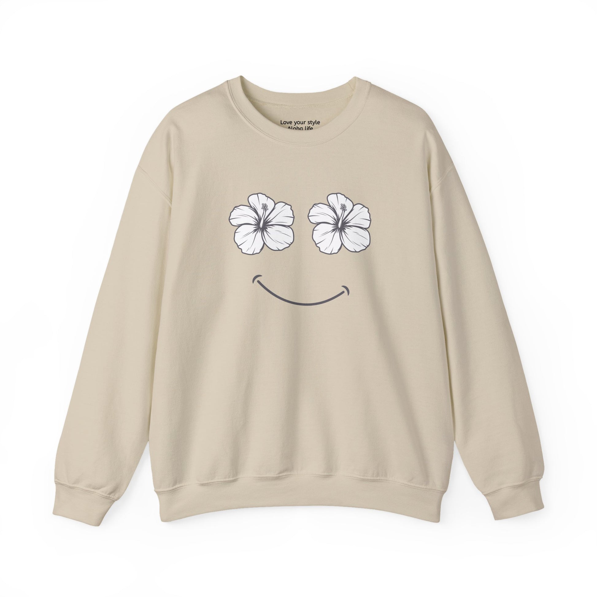 Tan Happy Hibiscus Sweatshirt featuring a cheerful hibiscus flower smile design inspired by island life and aloha style.