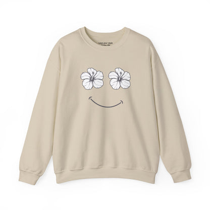 Tan Happy Hibiscus Sweatshirt featuring a cheerful hibiscus flower smile design inspired by island life and aloha style.