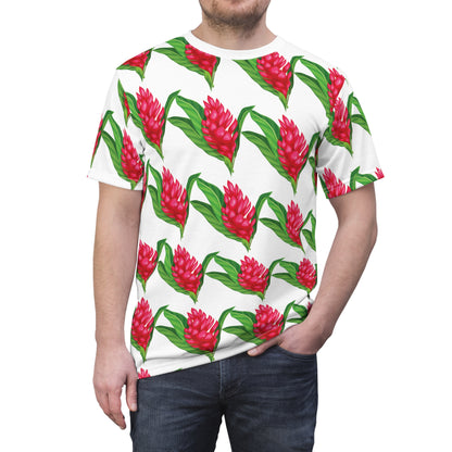 Man wearing White tropical all-over print tee with bright red ginger flowers and green leaves