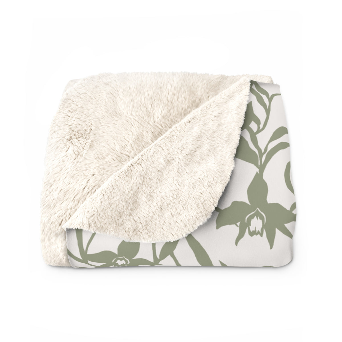 Folded Sage green orchid-and-leaf print sherpa fleece blanket with a warm white background and rounded corners.