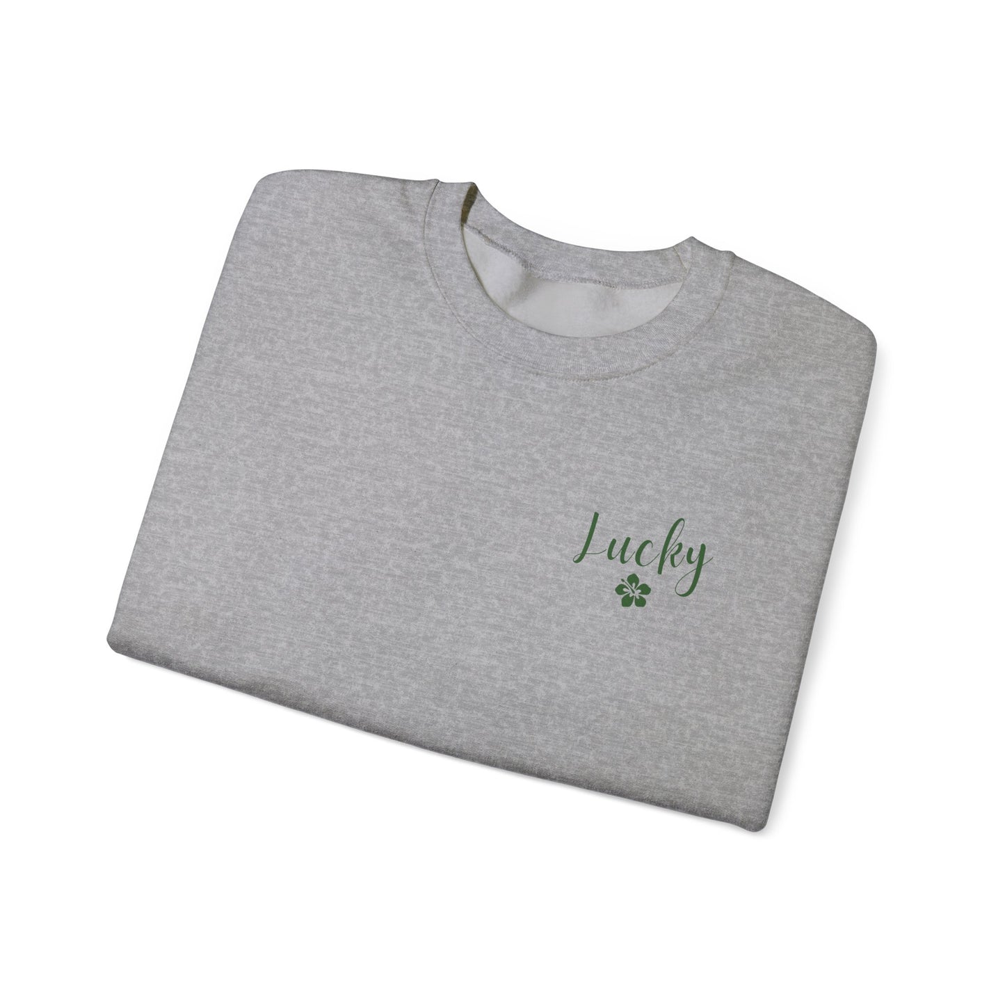 Folded gray t-shirt with Lucky Hibiscus text on a grey background