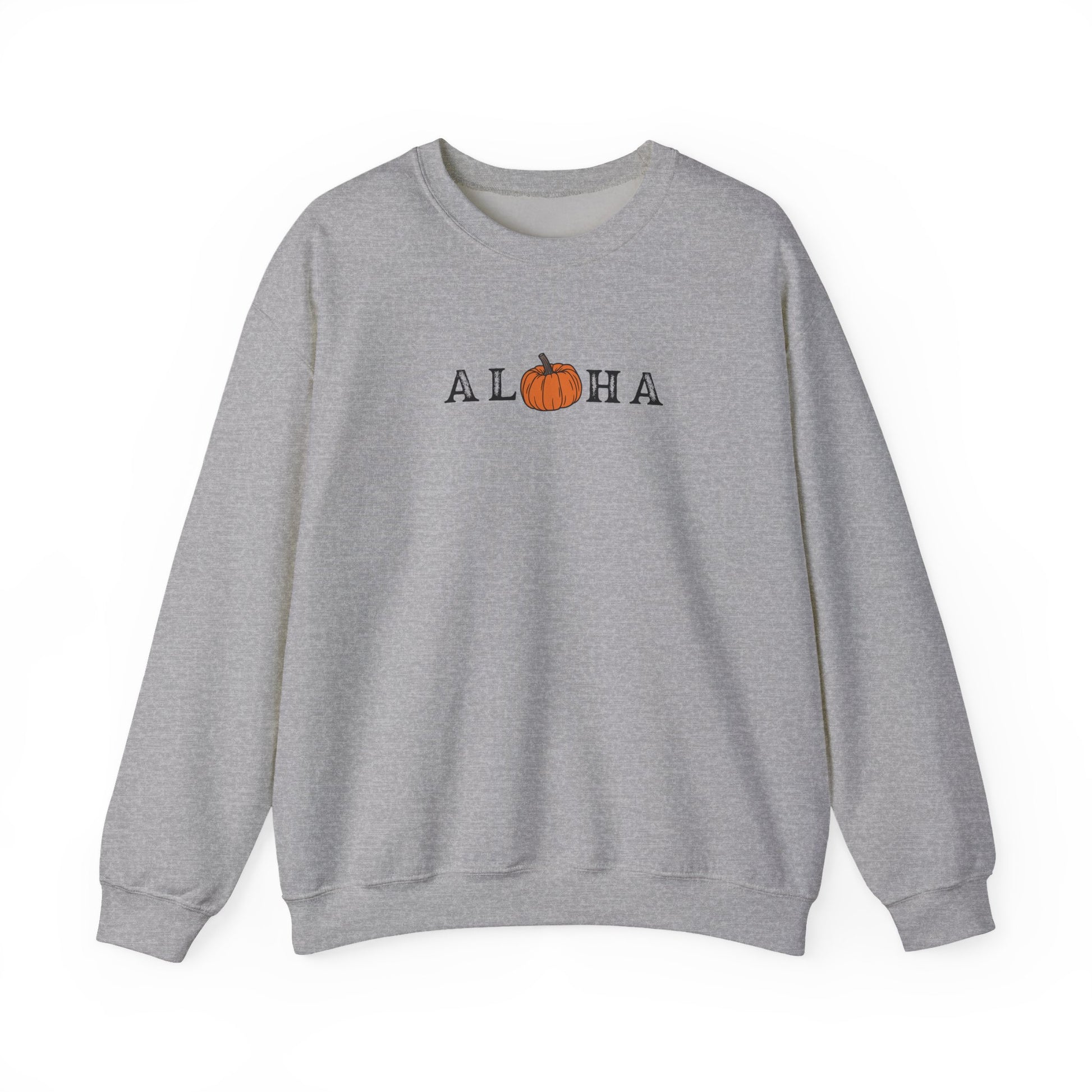 A heather grey crewneck sweatshirt featuring a graphic print of the word 'ALOHA' with the letter 'O' replaced by an orange pumpkin illustration, set against a plain white background.