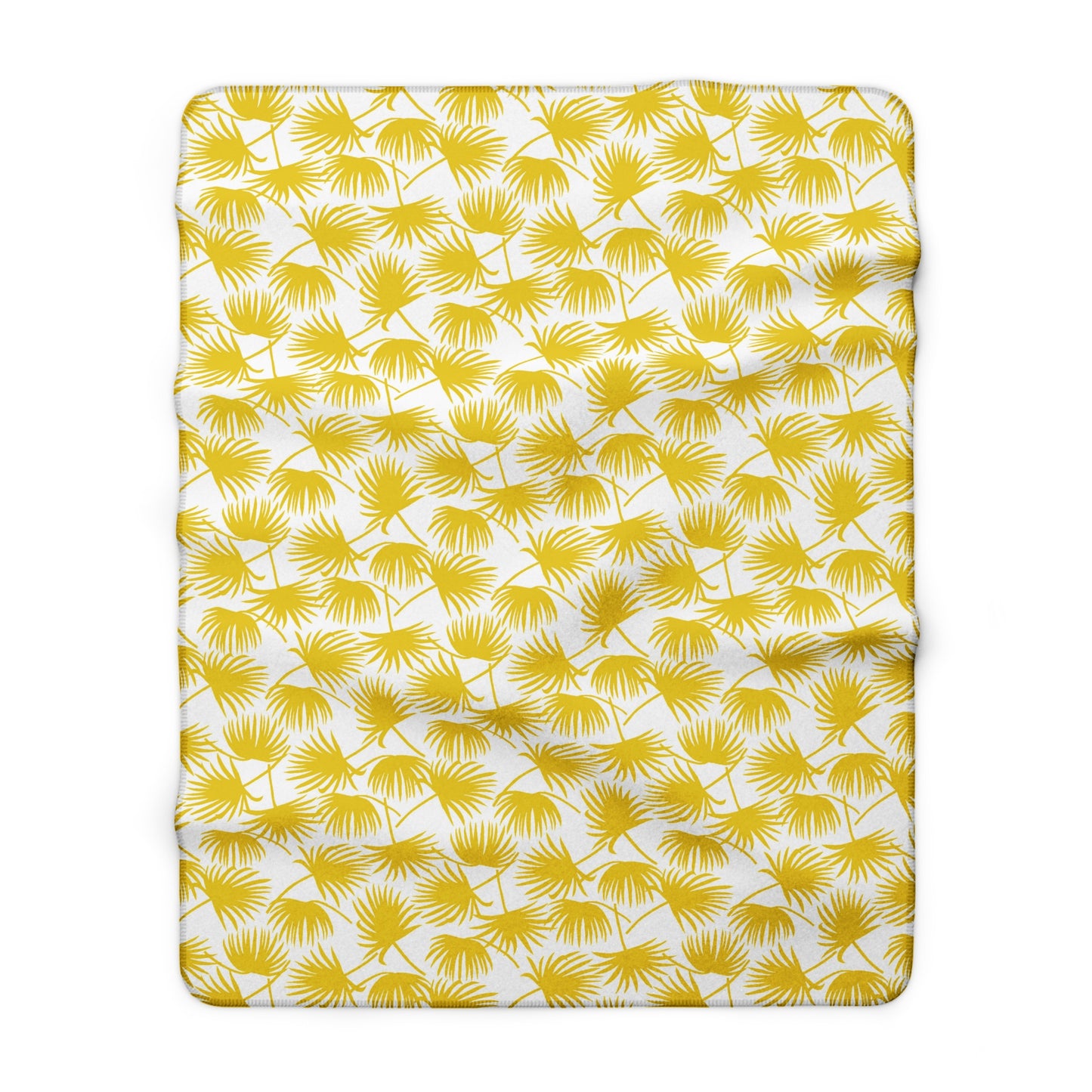 A rectangular throw fleece blanket, featuring a repeating pattern of yellow palm fronds on a white background.