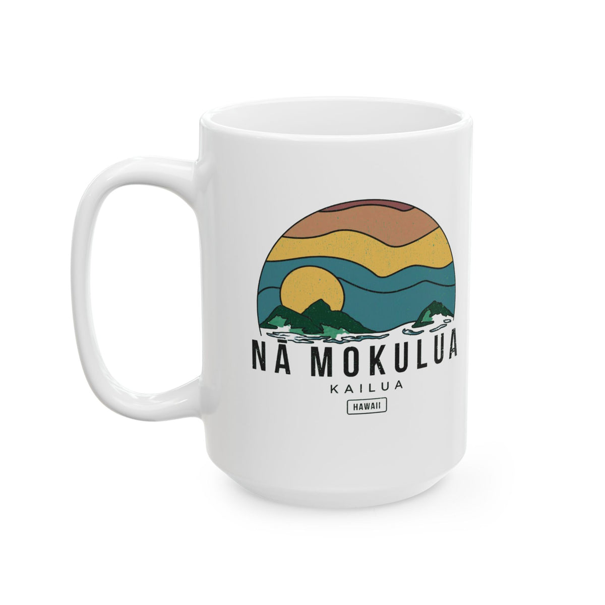A white ceramic mug featuring a retro-style sunset graphic with the text 'NA MOKULUA KAILUA HAWAII' printed on the front, set against a plain white background.
