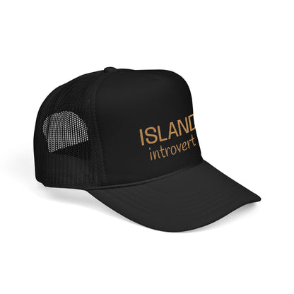 Black trucker hat with tan embroidery 'island introvert'