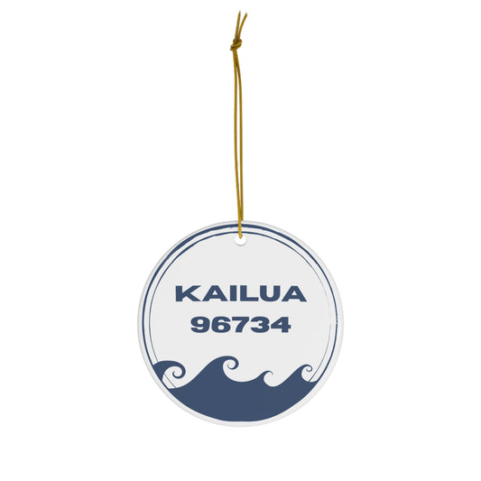 White ceramic ornament with navy Kailua 96734 lettering and ocean wave design, printed on both sides.