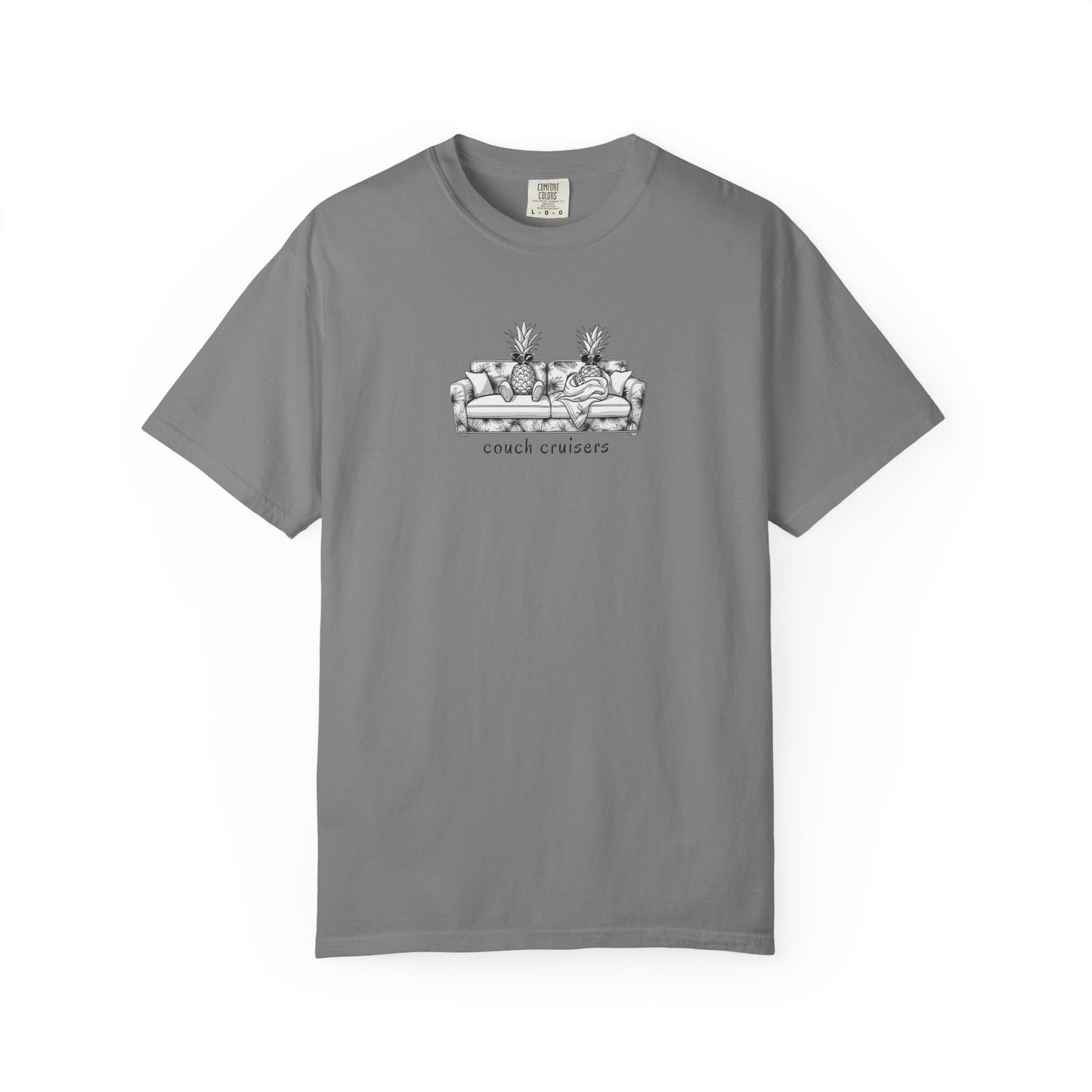 Couch Cruisers graphic Comfort Colors tee in light grey with pineapple couch design