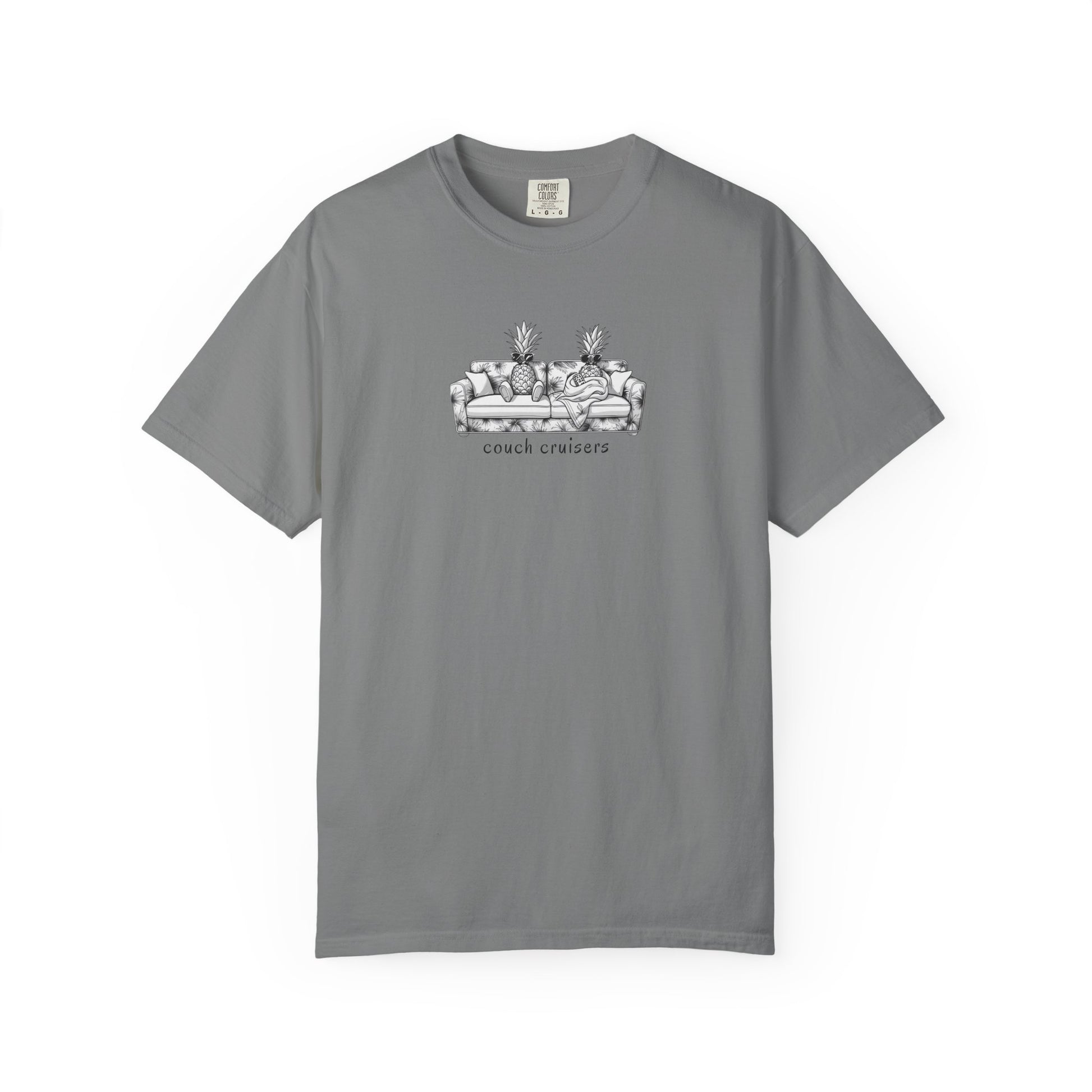 Couch Cruisers graphic Comfort Colors tee in light grey with pineapple couch design