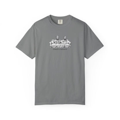 Couch Cruisers graphic Comfort Colors tee in light grey with pineapple couch design