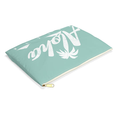 A mint green zippered pouch featuring a white distressed graphic that reads 'Aloha KAILUA' with a palm tree and mokulua islands, shown on a plain white background.