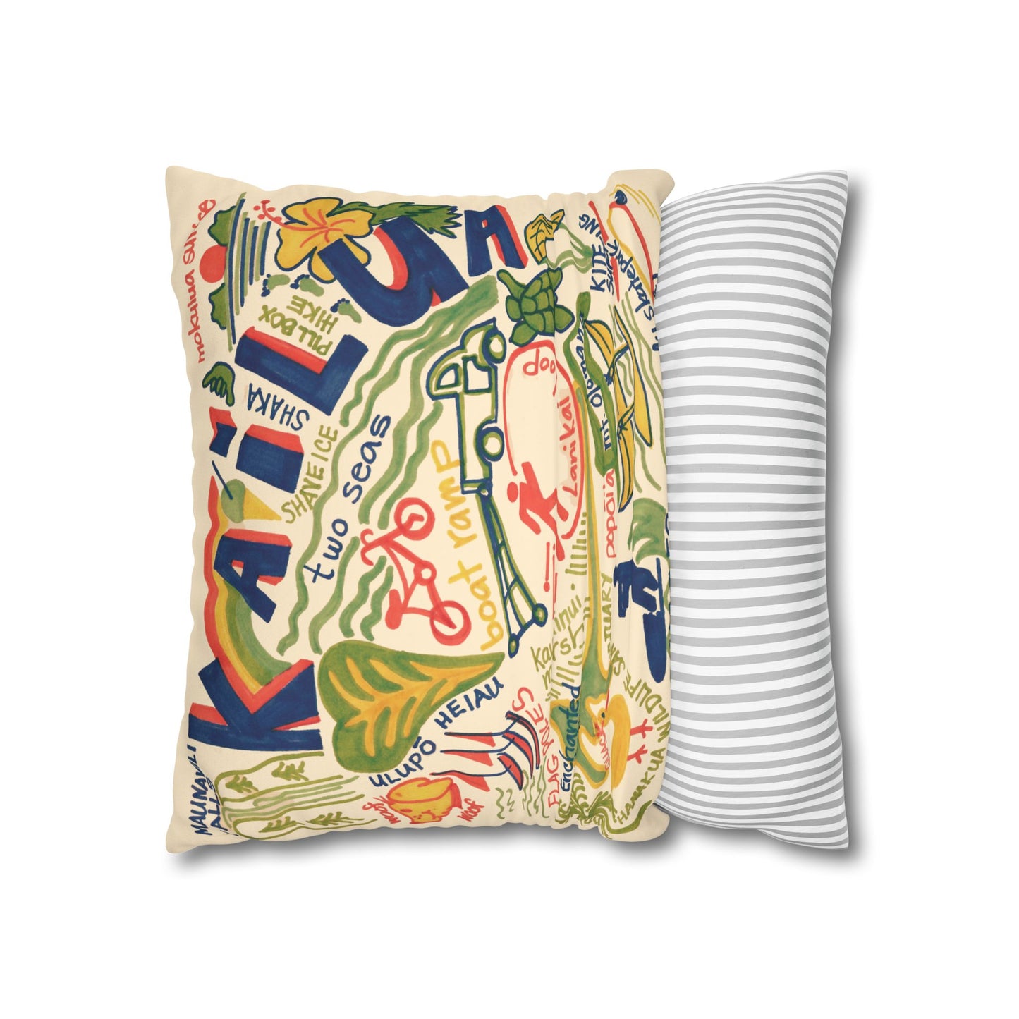 Decorative faux suede throw pillow cover featuring an original hand-drawn illustration of Kailua, Hawaii landmarks, beaches, surfing, paddling, turtles, and island icons.