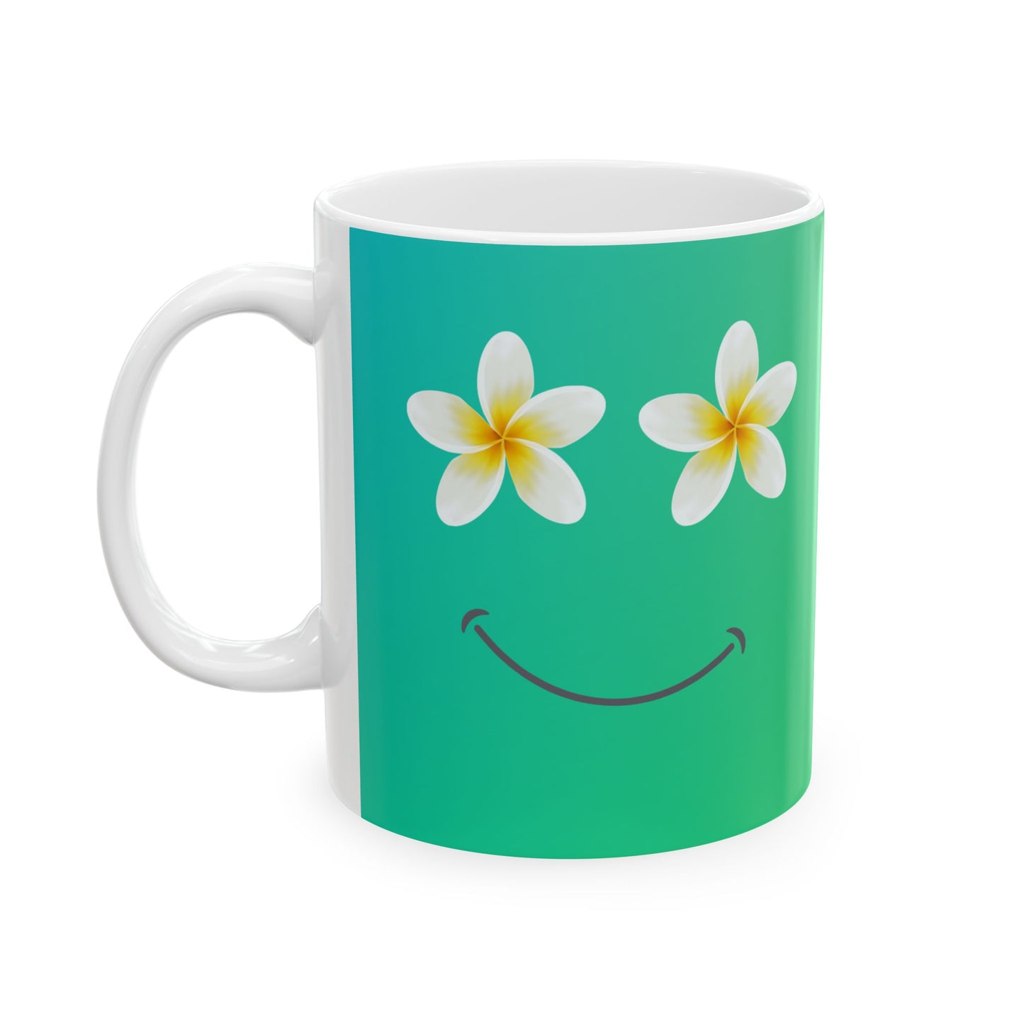 A white ceramic mug featuring a printed design of two white plumeria flowers with yellow centers as eyes and a simple black smile on a vibrant green gradient background.