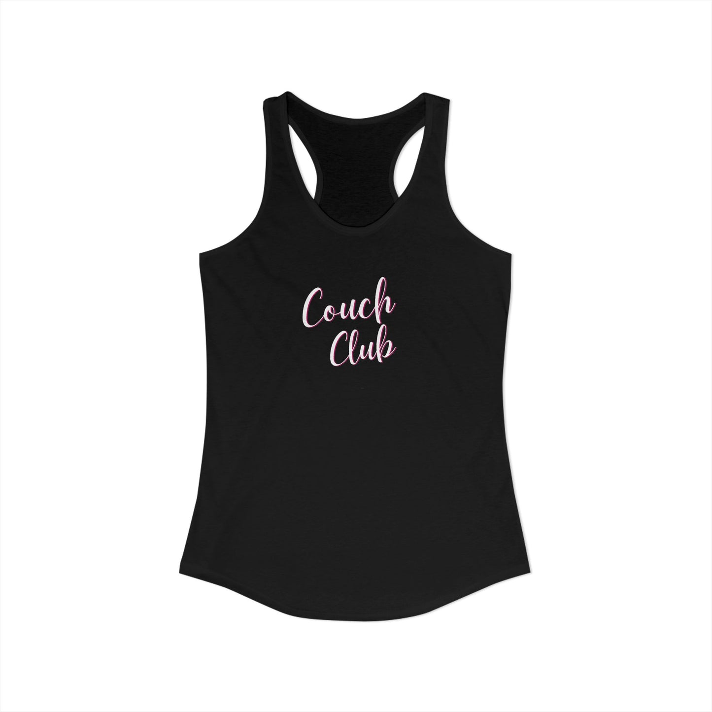 Black tank top with 'Couch Club' text on a white background