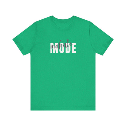 A bright green short-sleeve crewneck t-shirt with a graphic text print on the chest reading 'mahalo MODE' in white and gray, displayed on a solid white background.