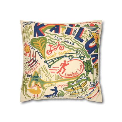 Decorative faux suede throw pillow cover featuring an original hand-drawn illustration of Kailua, Hawaii landmarks, beaches, surfing, paddling, turtles, and island icons.
