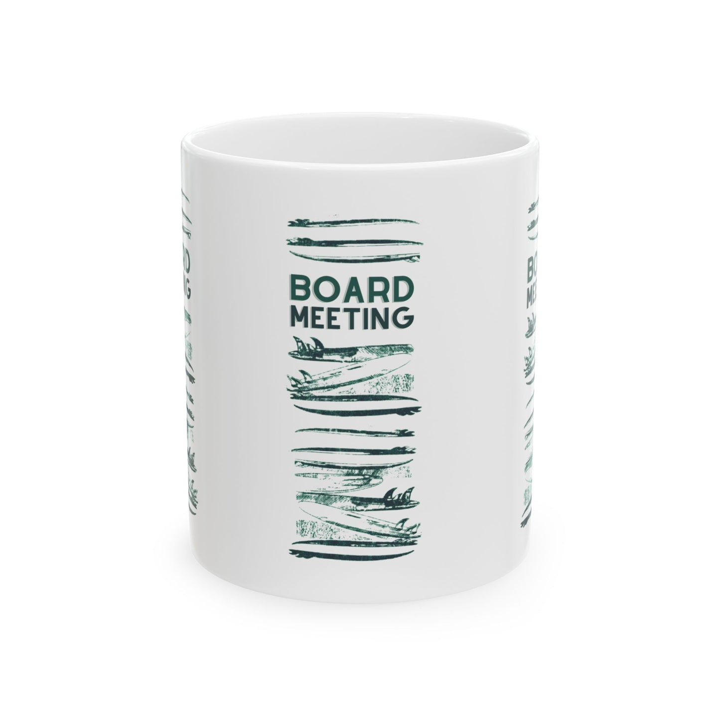 Board Meeting ceramic coffee mug featuring an original Hawaii surf-inspired design by Global Village Kailua, available in 11 oz and 15 oz sizes.