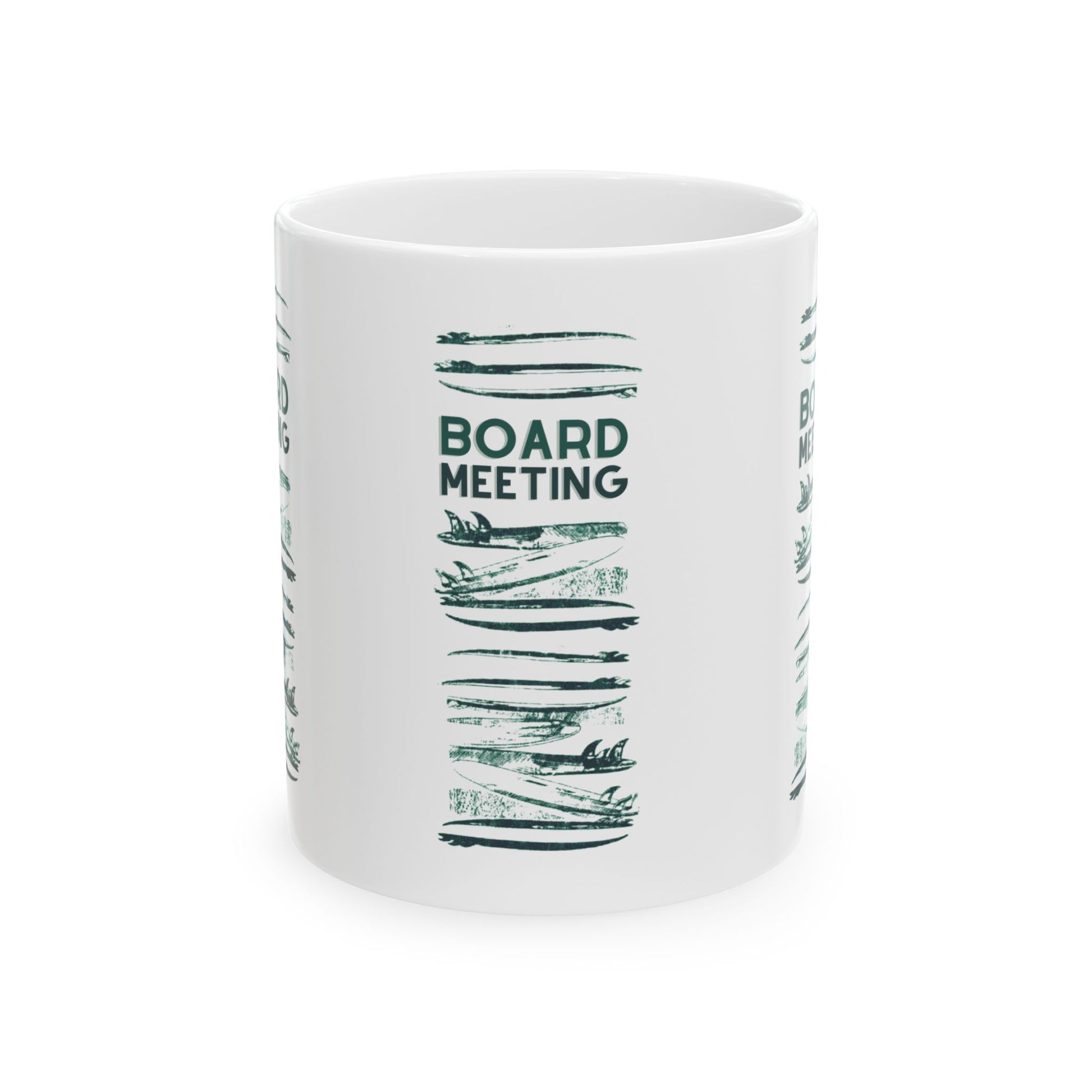 Board Meeting ceramic coffee mug featuring an original Hawaii surf-inspired design by Global Village Kailua, available in 11 oz and 15 oz sizes.