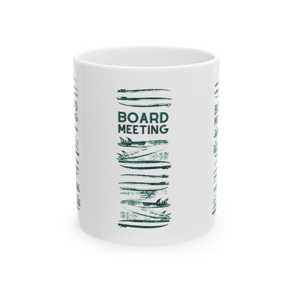 Board Meeting ceramic coffee mug featuring an original Hawaii surf-inspired design by Global Village Kailua, available in 11 oz and 15 oz sizes.