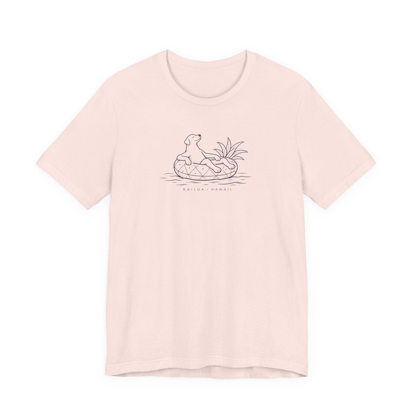 Pink t-shirt with a graphic design ʻKoa Dog on Pineapple Floatieʻ on a white background