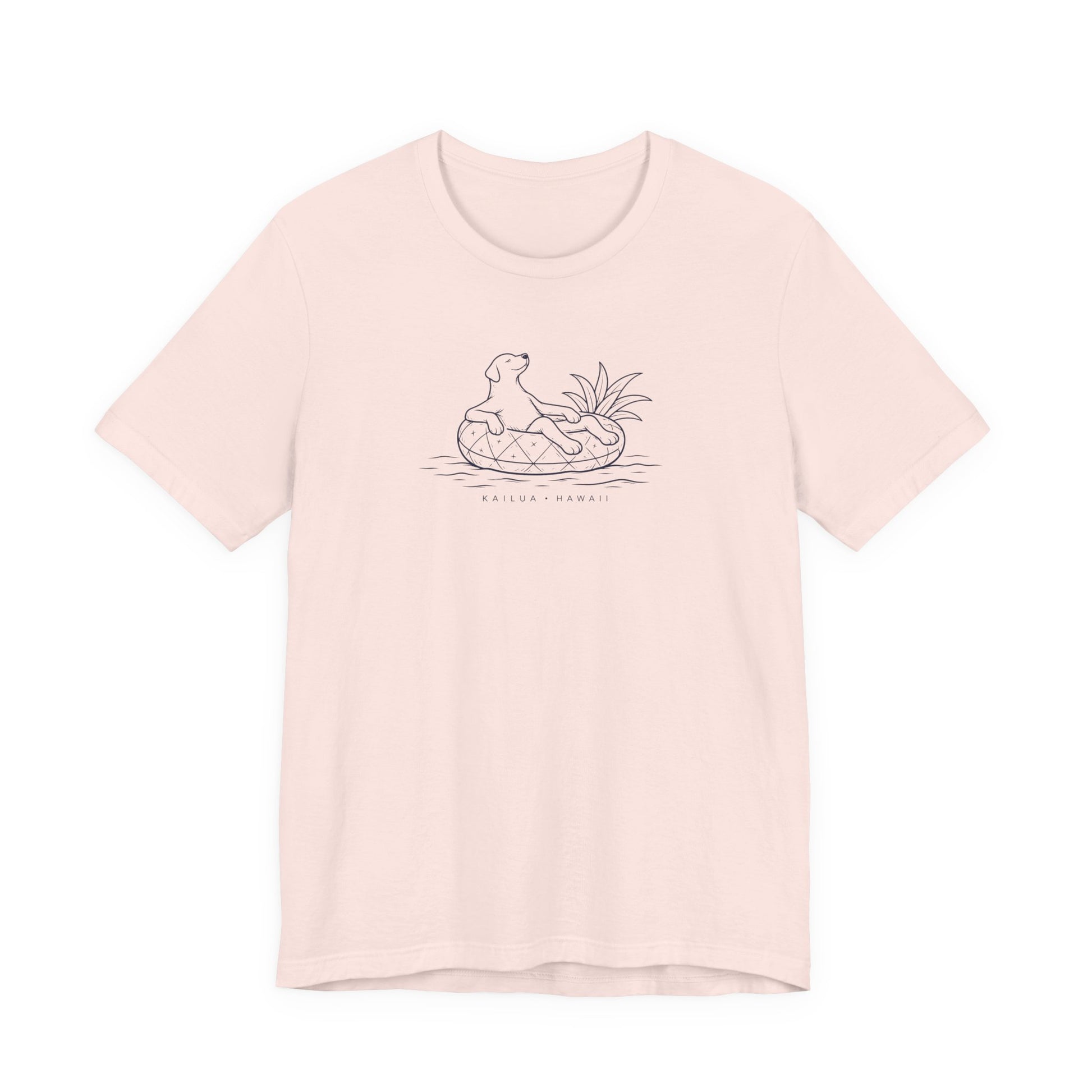 Pink t-shirt with a graphic design ʻKoa Dog on Pineapple Floatieʻ on a white background