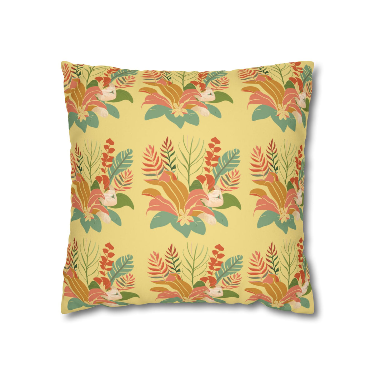 A square decorative throw pillow featuring a retro tropical floral pattern on a pale yellow background, with orange, red, and green botanical motifs.