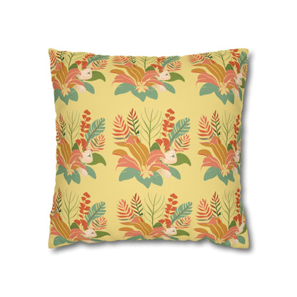 A square decorative throw pillow featuring a retro tropical floral pattern on a pale yellow background, with orange, red, and green botanical motifs.