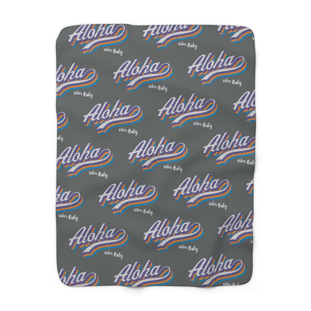 Aloha Vibes Only sherpa fleece blanket with retro island-inspired all-over print on charcoal gray
