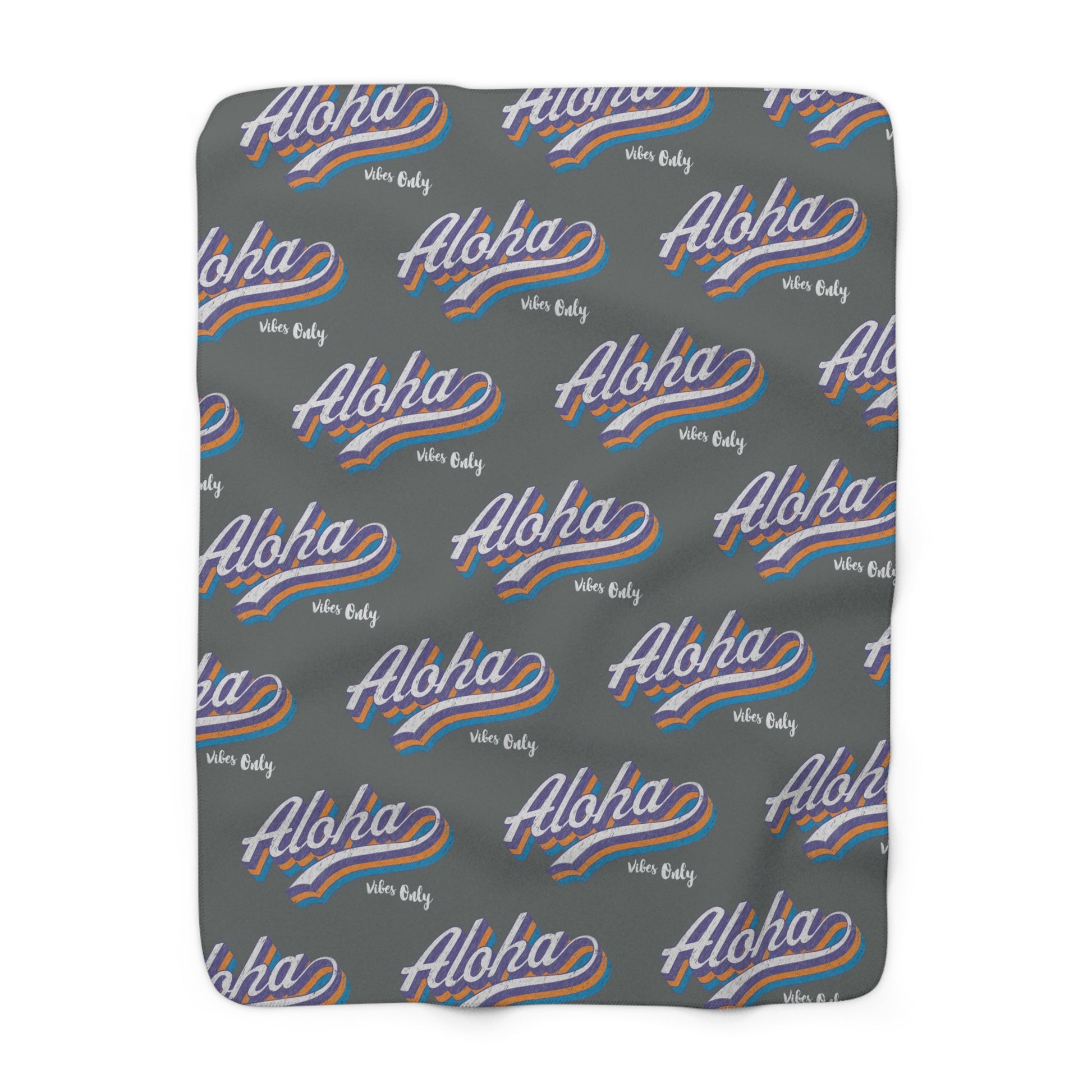 Aloha Vibes Only sherpa fleece blanket with retro island-inspired all-over print on charcoal gray