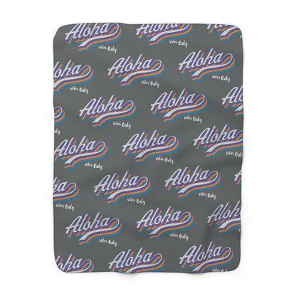 Aloha Vibes Only sherpa fleece blanket with retro island-inspired all-over print on charcoal gray