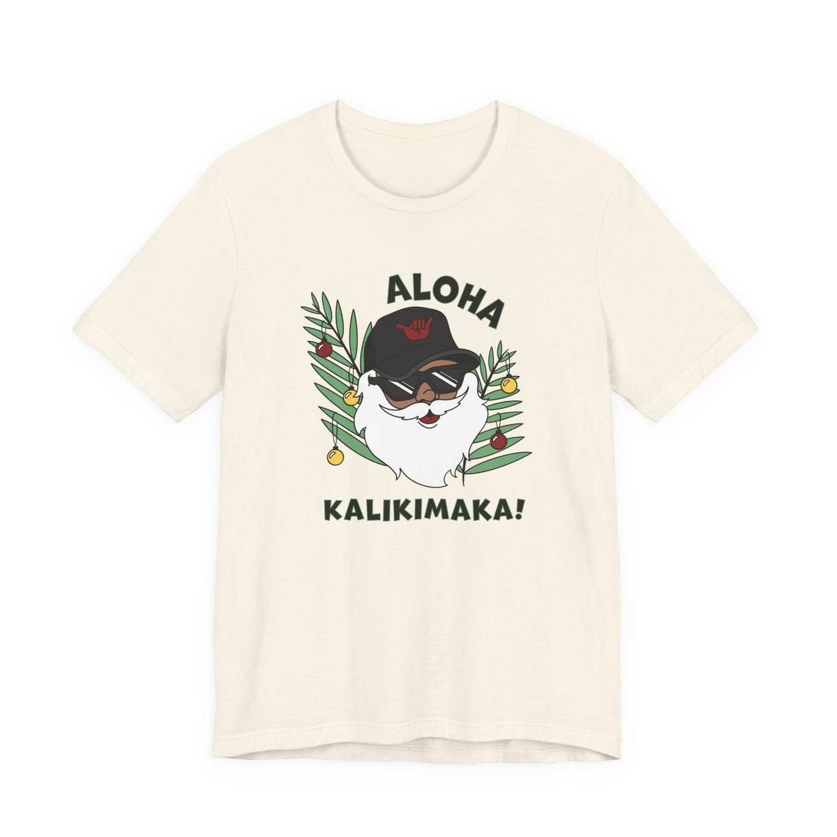 Natural Santa Kalikimaka unisex T-shirt with hand-drawn Santa wearing sunglasses and throwing a shaka surrounded by tropical palm leaves.