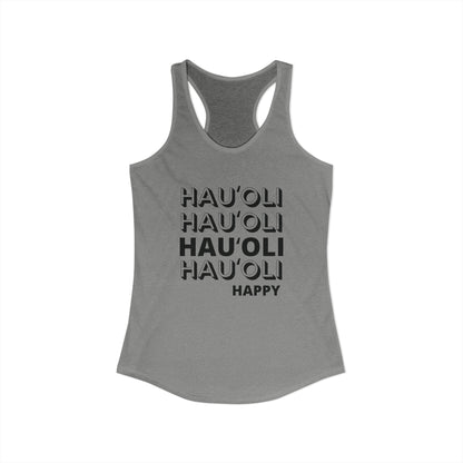 Gray tank top with 'HAU'OLI HAPPY' text on a white background