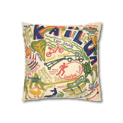 Decorative faux suede throw pillow cover featuring an original hand-drawn illustration of Kailua, Hawaii landmarks, beaches, surfing, paddling, turtles, and island icons.