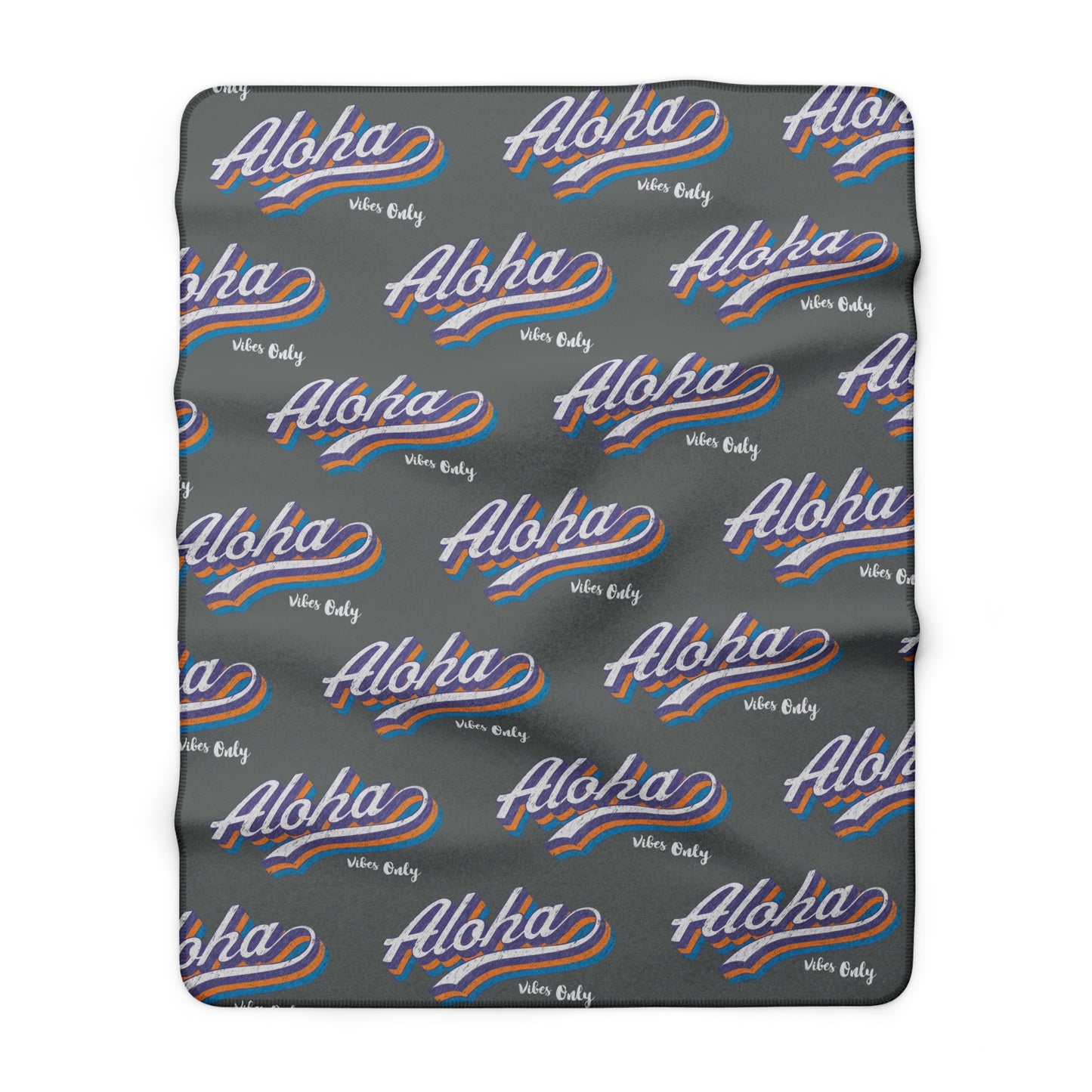 Aloha Vibes Only sherpa fleece blanket with retro island-inspired all-over print on charcoal gray