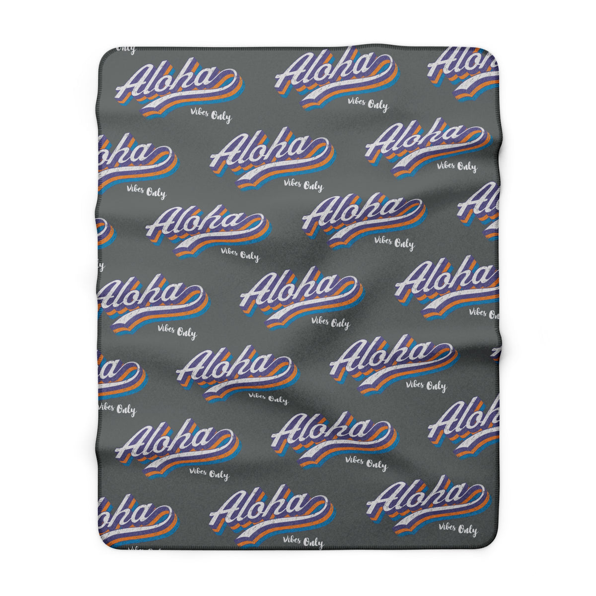 Aloha Vibes Only sherpa fleece blanket with retro island-inspired all-over print on charcoal gray