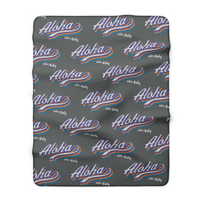 Aloha Vibes Only sherpa fleece blanket with retro island-inspired all-over print on charcoal gray