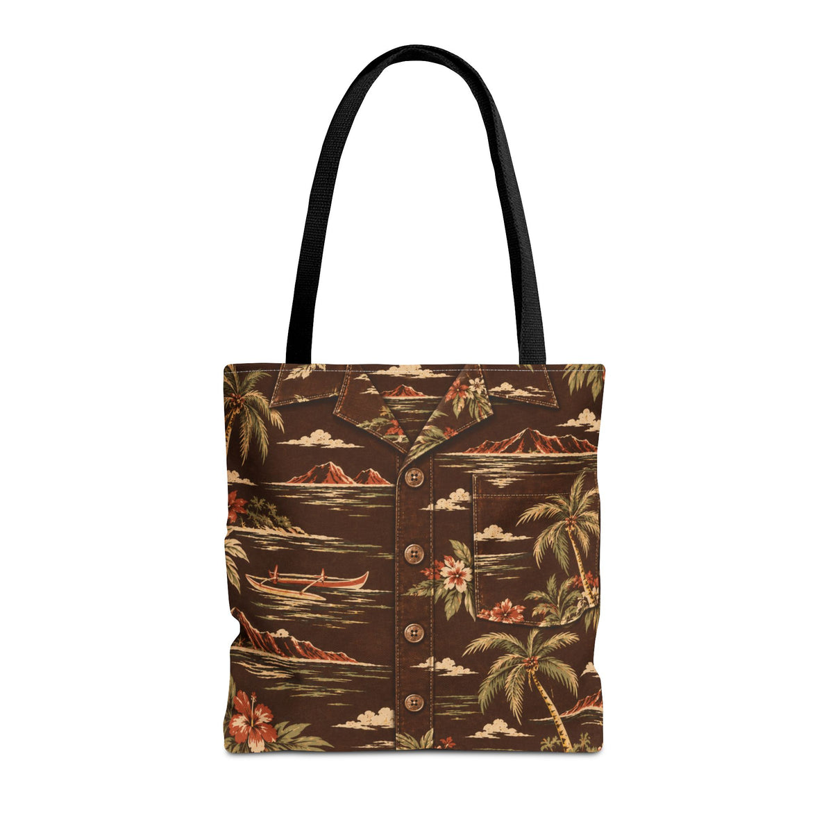 A brown tote bag with a tropical Hawaiian shirt print, featuring black shoulder straps and a button-down front design, shown against a plain white background.