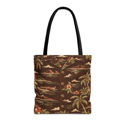 A brown tote bag with a tropical Hawaiian shirt print, featuring black shoulder straps and a button-down front design, shown against a plain white background.