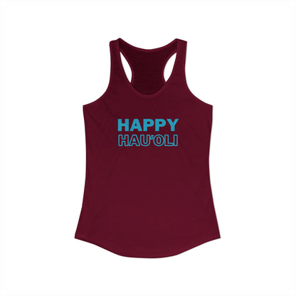 Maroon tank top with 'HAPPY HAU'OLI' text in blue on a white background