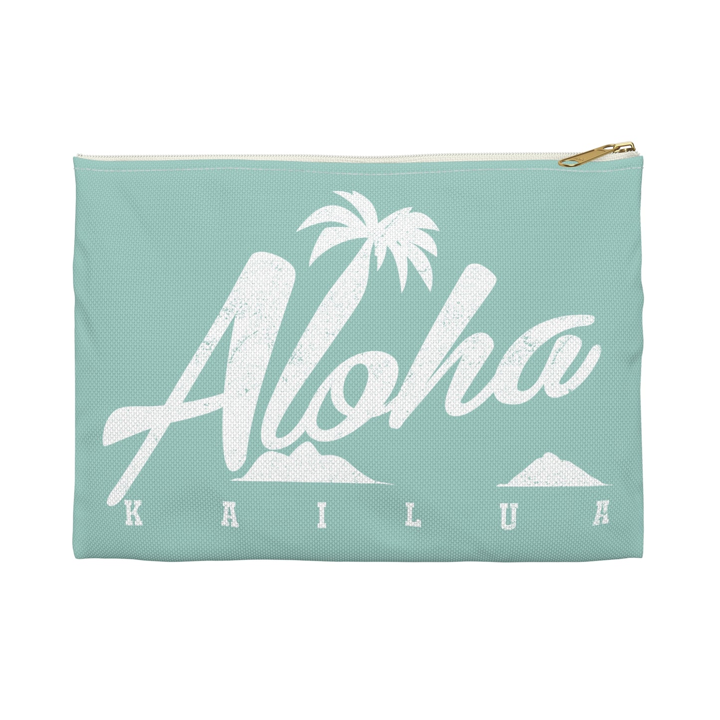 A mint green canvas zippered pouch featuring a white distressed graphic that reads 'Aloha Kailua' with a palm tree and mokulua islands, shown on a plain white background.
