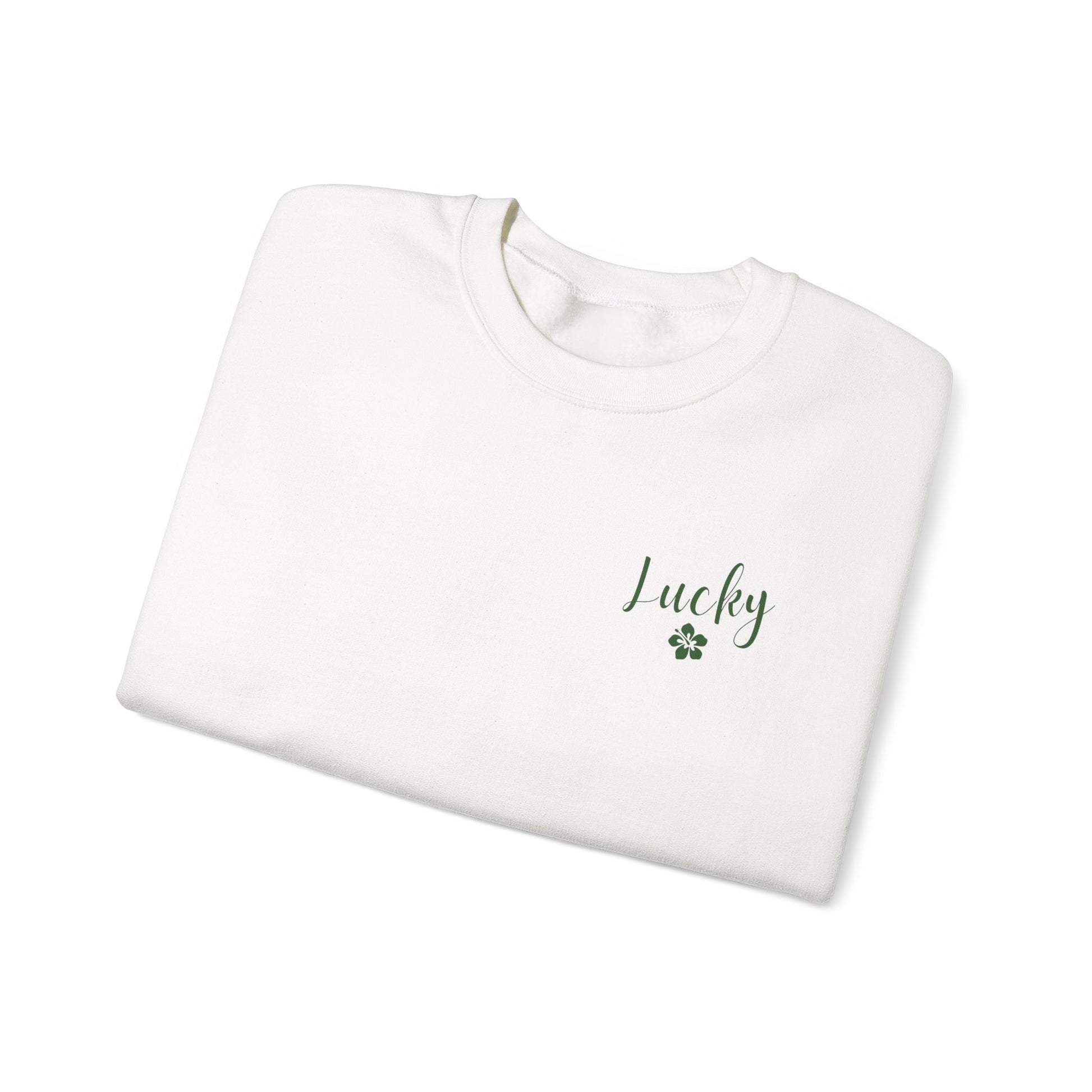 White sweatshirt with 'Lucky' and a clover leaf on a white background