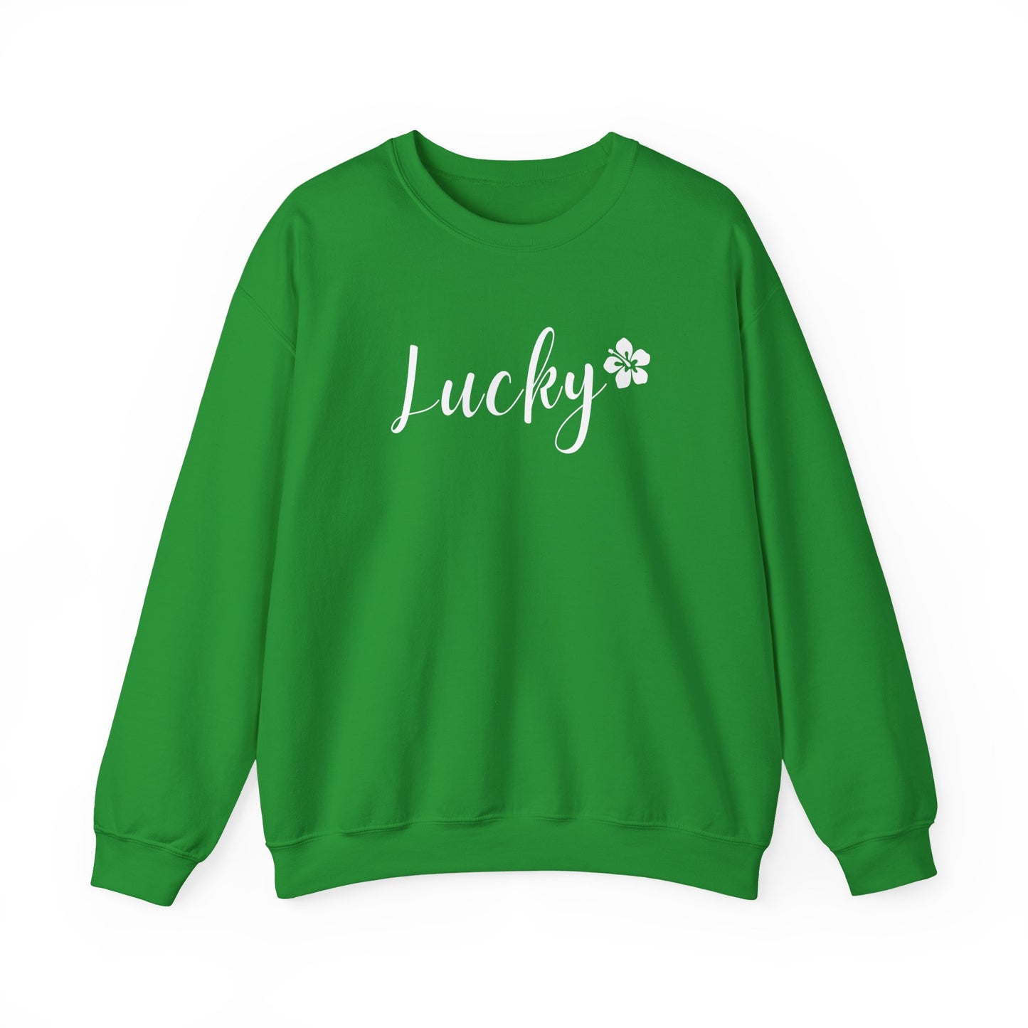 Green sweatshirt with 'Lucky' and a clover leaf on a white background