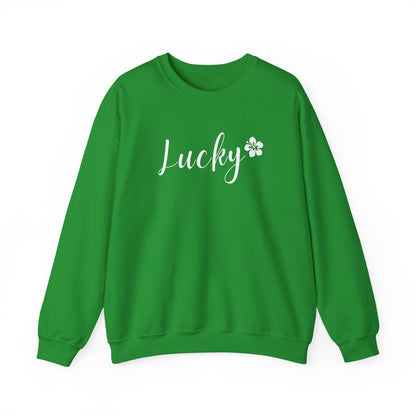 Green sweatshirt with 'Lucky' and a clover leaf on a white background