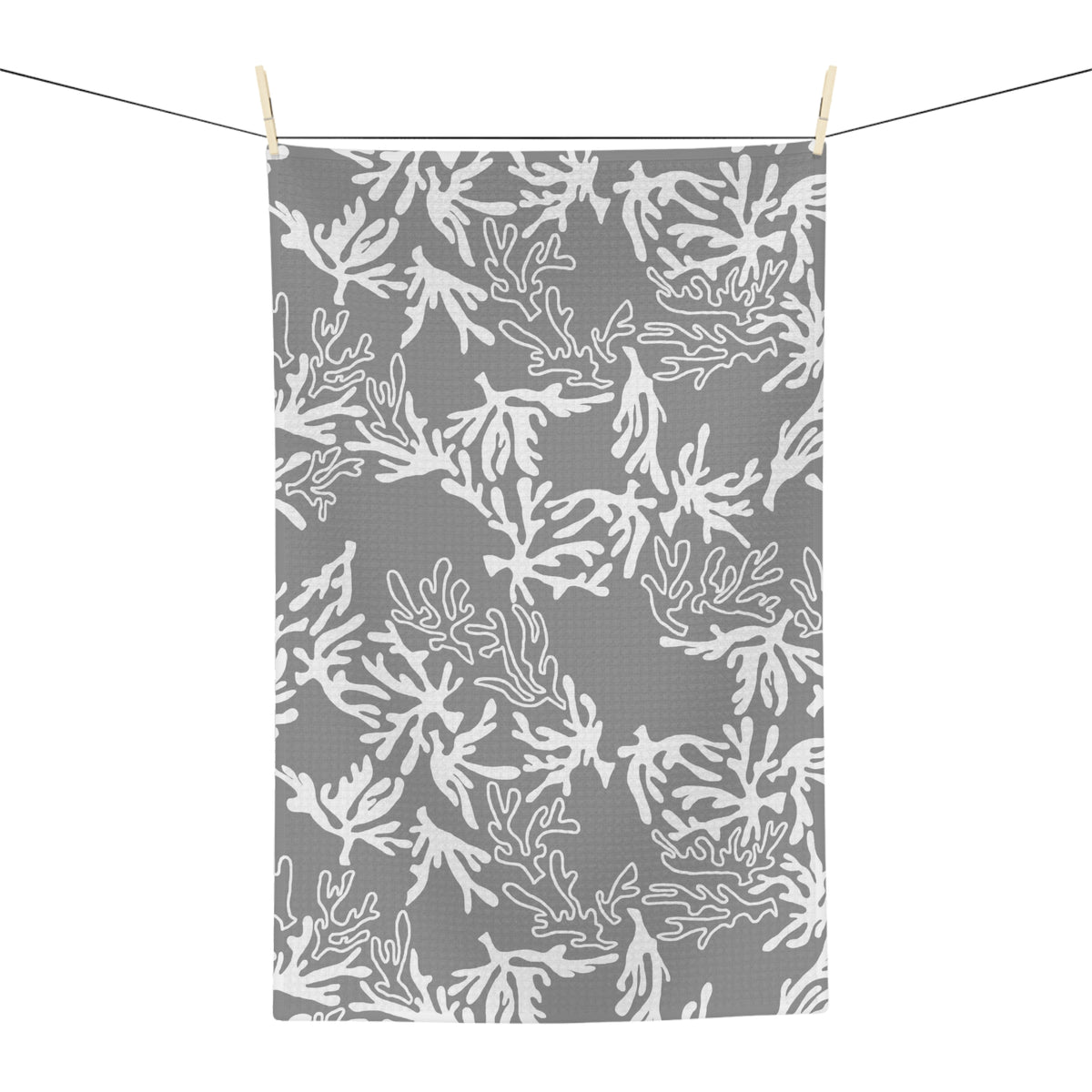 Coral Sharkskin Grey kitchen towel with white coral print by Global Village Kailua