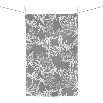 Coral Sharkskin Grey kitchen towel with white coral print by Global Village Kailua