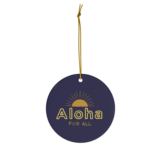 Navy ceramic ornament featuring golden Aloha for All lettering and a rising sun design.