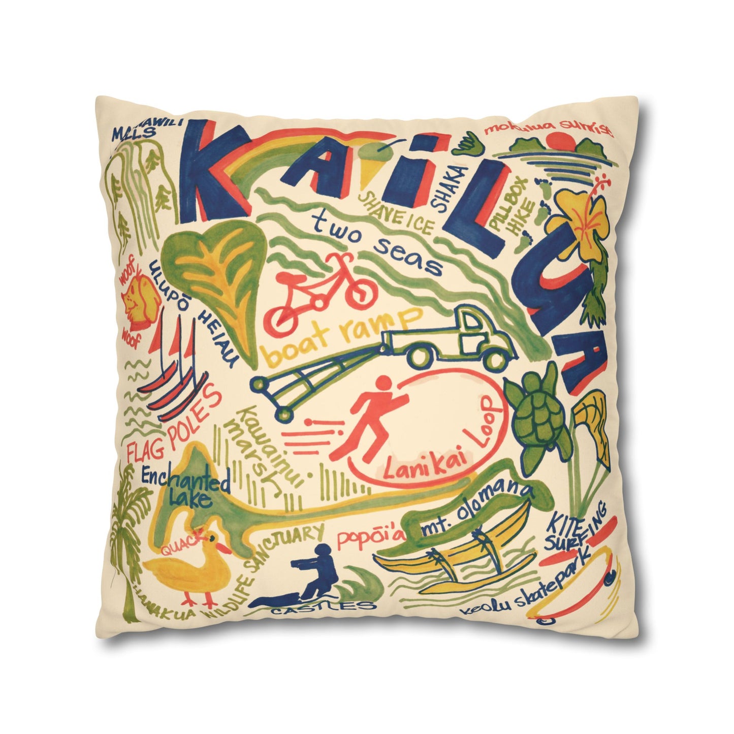 Decorative faux suede throw pillow cover featuring an original hand-drawn illustration of Kailua, Hawaii landmarks, beaches, surfing, paddling, turtles, and island icons.