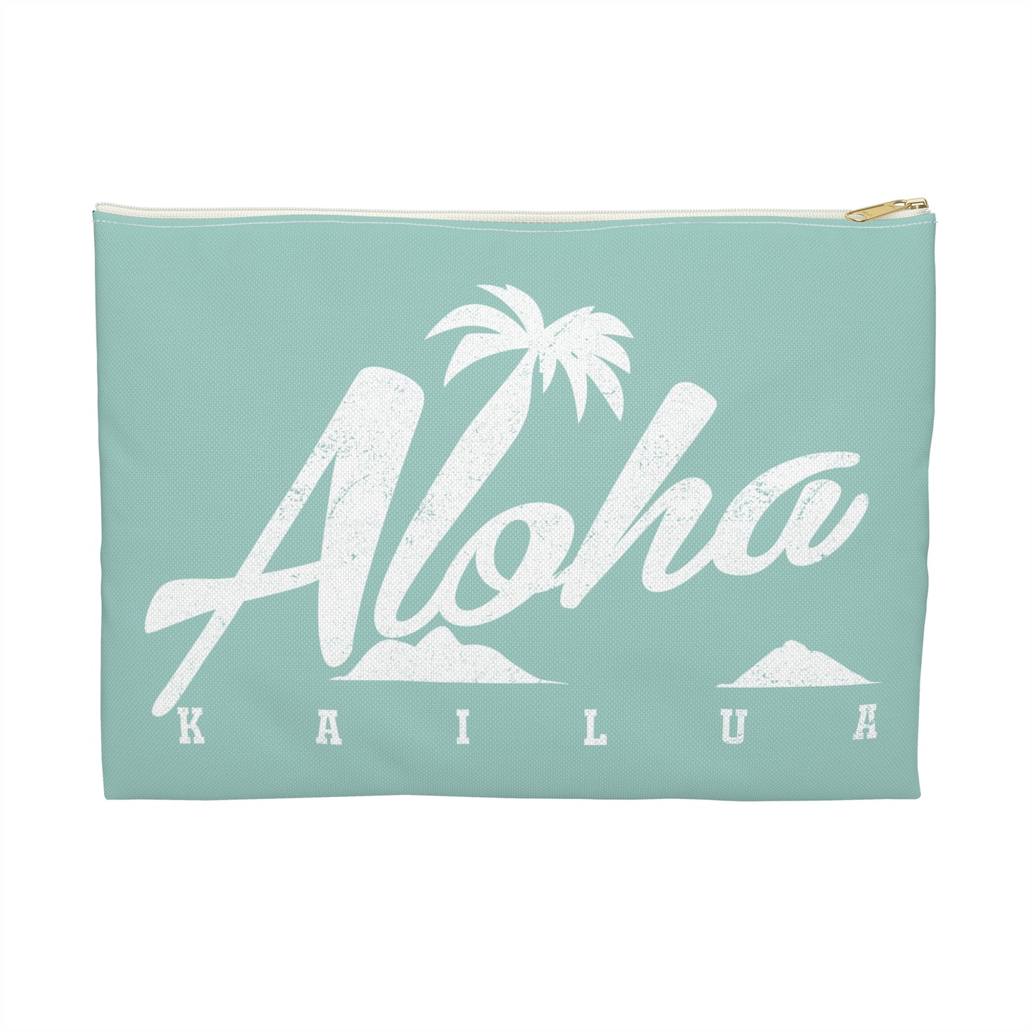 A mint green zippered pouch featuring a distressed white graphic print that reads 'Aloha KAILUA' with a palm tree and mokulua islands, shown on a plain white background.